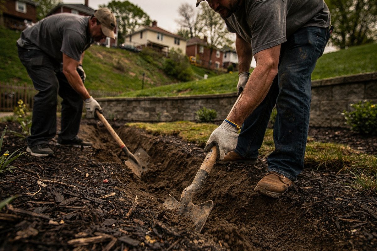 Two workers cutting a drainage trench along a sloped planting bed behind a Pittsburgh house